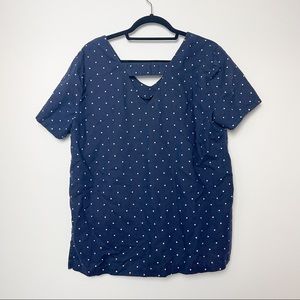Ellen Tracy Navy Blue and White Polka Dot Linen and Cotton Top